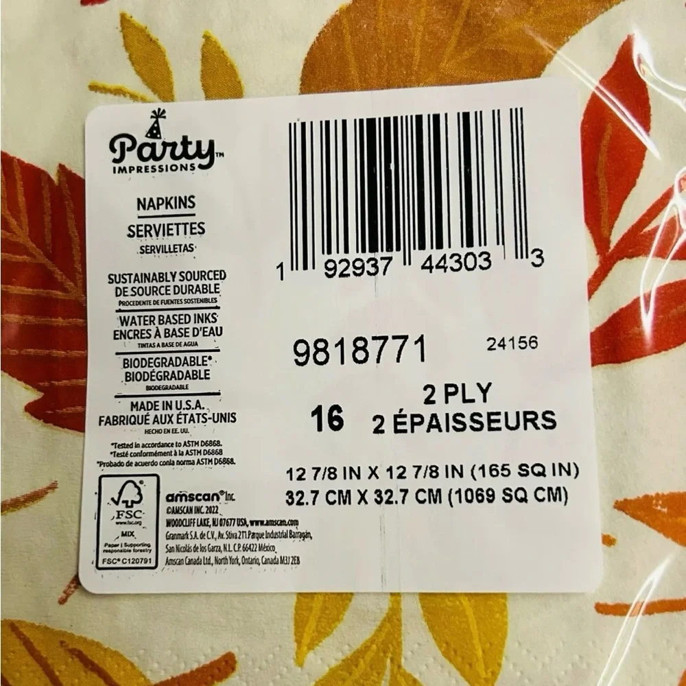 New 48 Fall Napkins Yellow Red Orange Leaves Party Impressions made in the USA